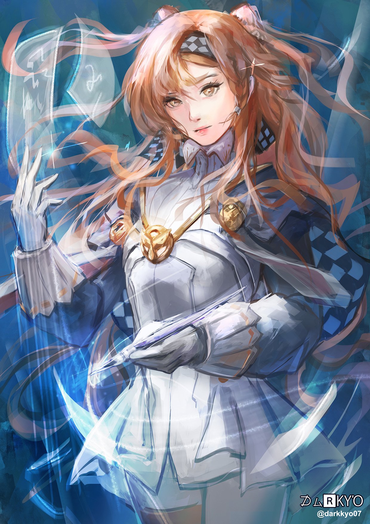 1girl, artist_name, blue_background, checkered_hairband, collared_dress, cowboy_shot, darkyo07, dress, glass_pen, gloves, grey_cloak, hairband, hand_up, high_collar, highres, holding, holding_pen, long_hair, looking_at_viewer, magic, orange_eyes, orange_hair, pants, pants_under_dress, pen, reverse:1999, short_dress, solo, sonetto_(reverse:1999), twitter_username, two_side_up, white_dress, white_gloves, white_pants