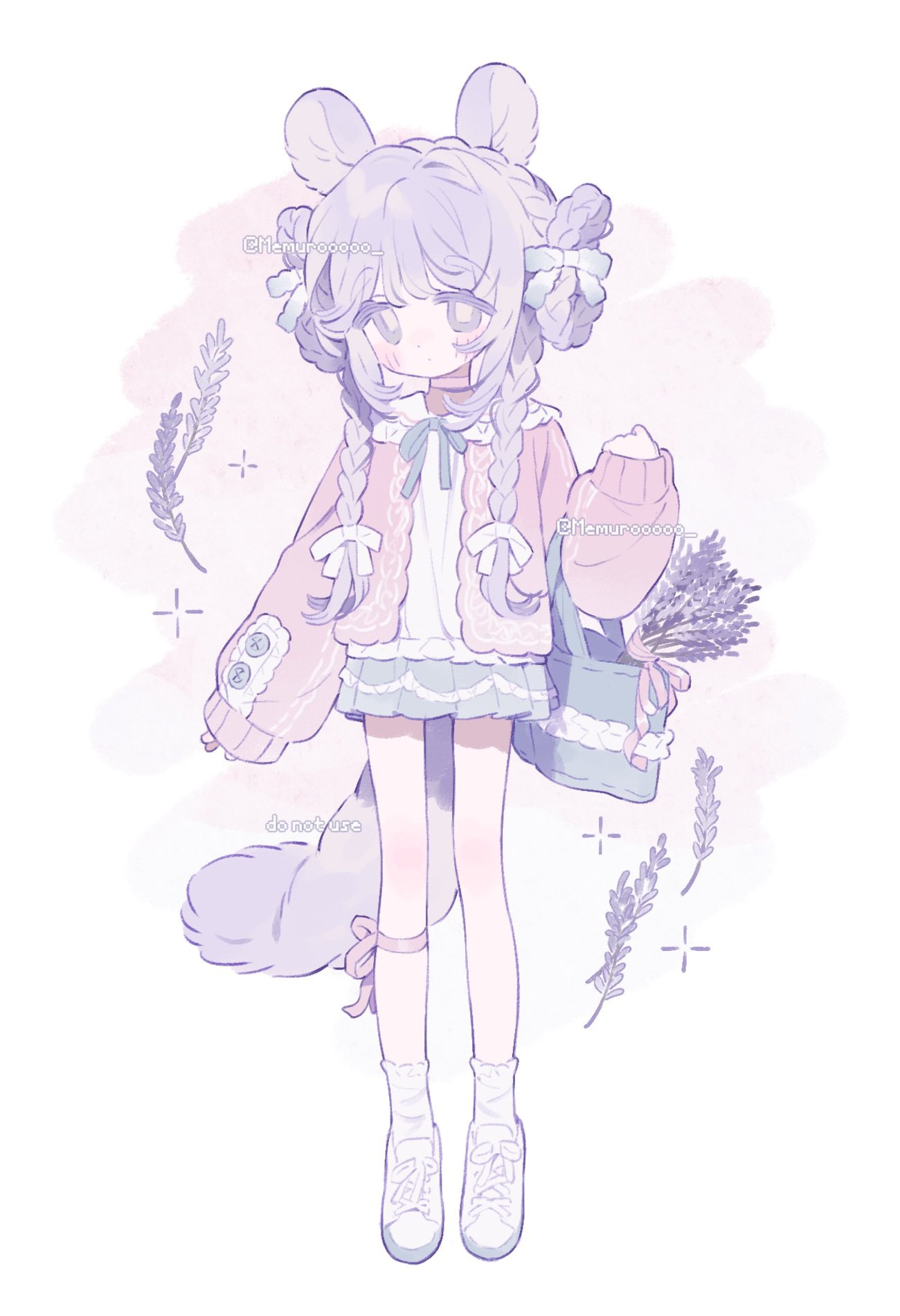 animal_ears, blush, bow, braid, cardigan, double_bun, full_body, hair_bow