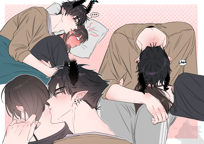 1boy, 1girl, alternate_costume, asymmetrical_horns, black_hair, black_horns, black_shirt, blue_eyes