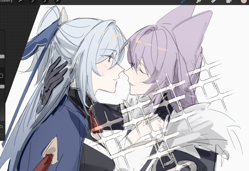 2girls, animal_ears, art_program_in_frame, black_gloves, blue_jacket, character_request, closed_eyes, fox_ears