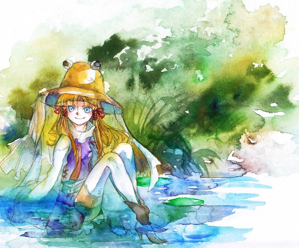 bad_id, blonde_hair, blue_eyes, campanula-star, hair_ribbon, hat, high_heels, long_hair