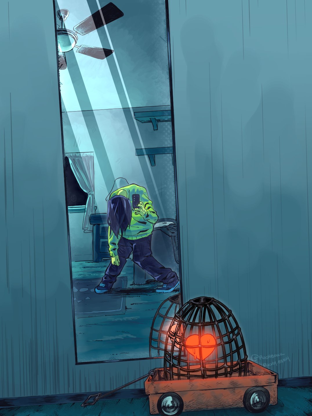 1other, bed, birdcage, black_pants, cage, ceiling_fan, cellphone, commentary, deltarune, english_commentary, full-length_mirror, green_sweater, heart, highres, holding, holding_phone, hunched_over, kris_(deltarune), mirror, other_focus, pants, phone, photo-referenced, pnchbowl, shelf, signature, smartphone, solo, soul_(deltarune), sweater, toy_wagon, window
