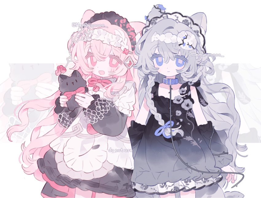 2girls, animal, animal_ears, black_dress, bow, braid, cat, detached_sleeves
