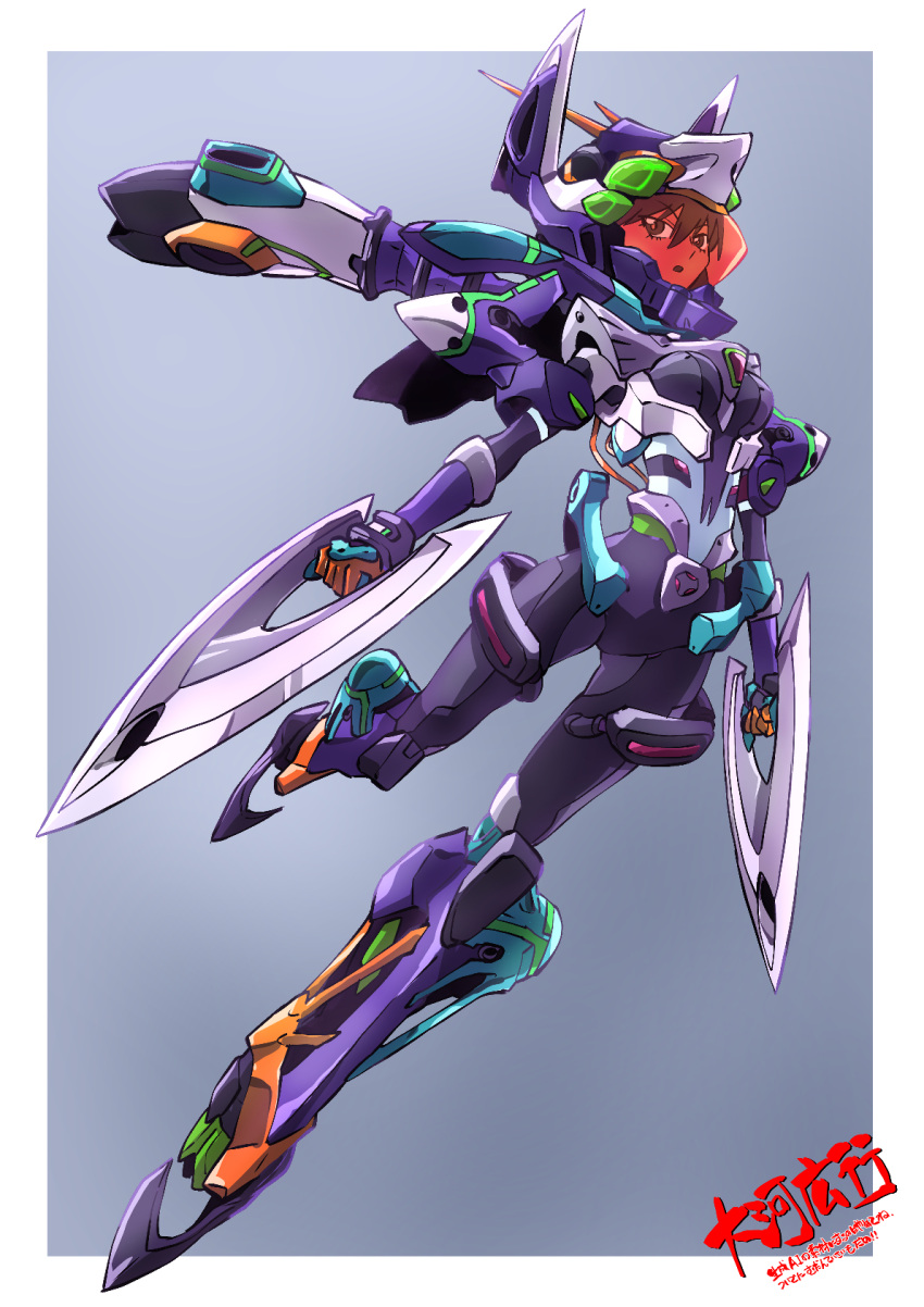 1girl, armor, breasts, commentary_request, cosplay, gfred, gfred_(cosplay), gundam, gundam_gquuuuuux, headgear, highres, holding, holding_weapon, long_hair, looking_at_viewer, mecha, mecha_musume, nyaan_(gundam_gquuuuuux), open_mouth, power_armor, robot, science_fiction, solo, taiga_hiroyuki, weapon, zeon