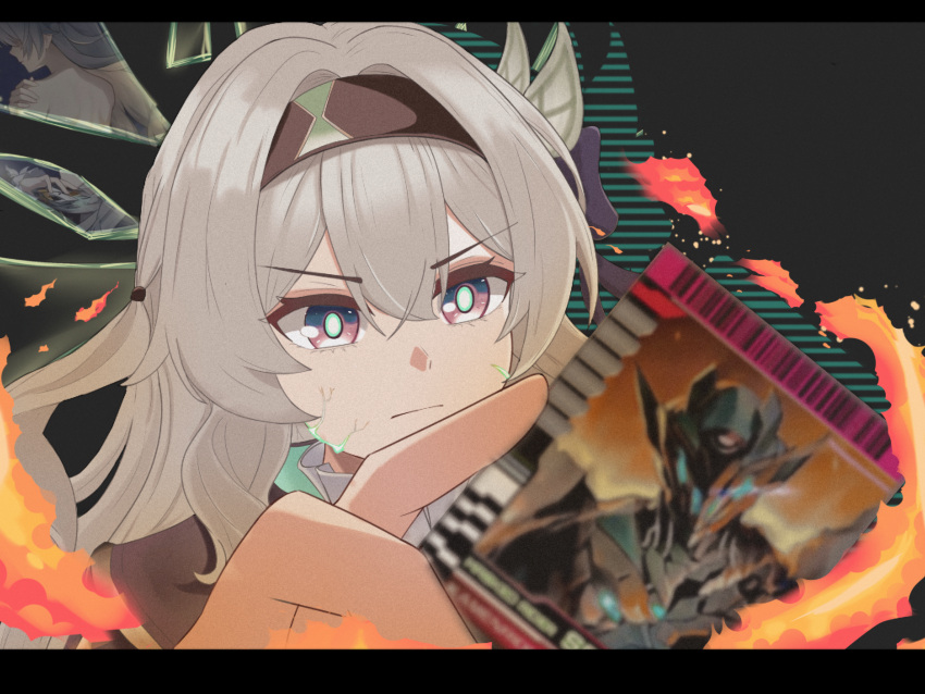 black_hairband, cropped_jacket, drill_hair, drill_ponytail, firefly_(honkai:_star_rail), grey_hair, hair_between_eyes, hair_intakes