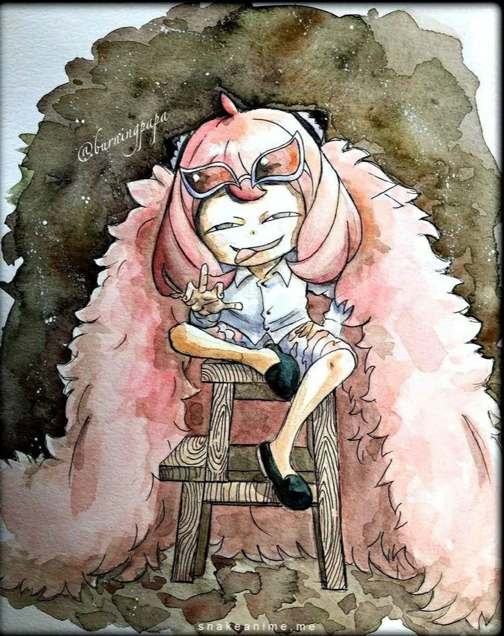 1girl, anya's_heh_face_(meme), anya_(spy_x_family), burningpapa, donquixote_doflamingo_(cosplay), medium_hair, sitting, spy_x_family