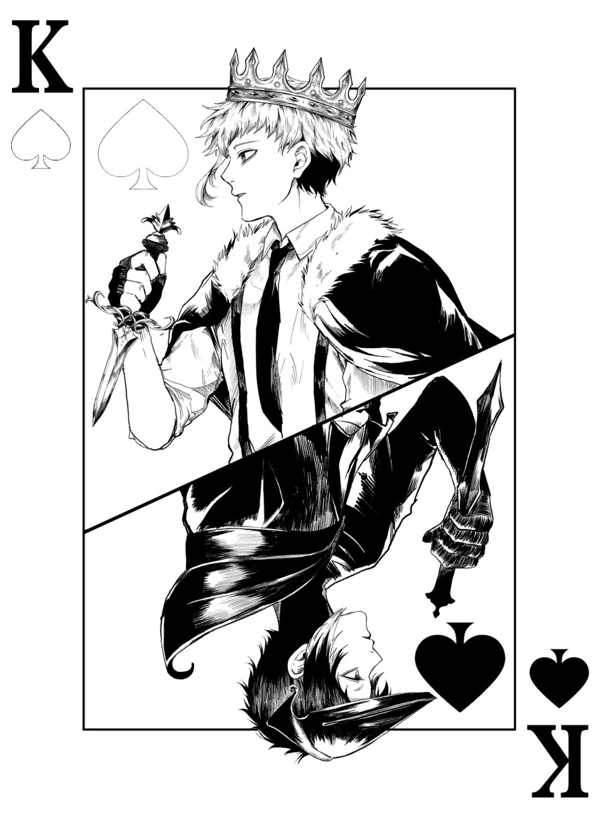 2boys, ace_(playing_card), ace_of_spades, akutagawa_ryuunosuke_(bungou_stray_dogs), black_necktie, bungou_stray_dogs, cape, card