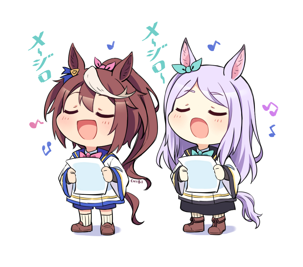 2girls, animal_ears, brown_hair, brown_shoes, chibi, chibi_only, choir, closed_eyes