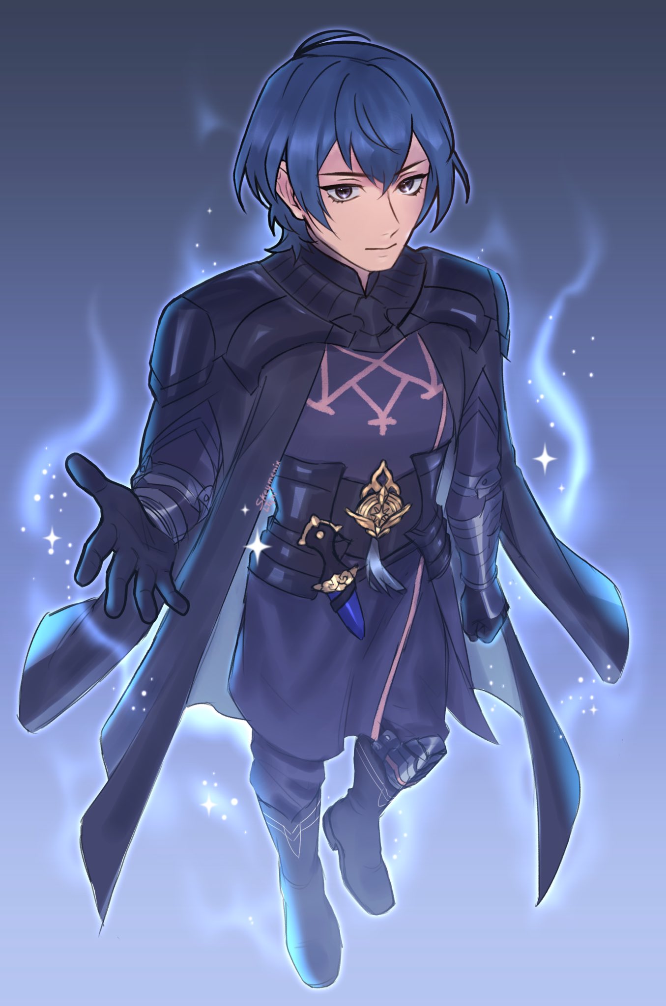 1boy, armor, armored_gloves, black_armor, black_boots, black_cape, black_gloves, blue_hair