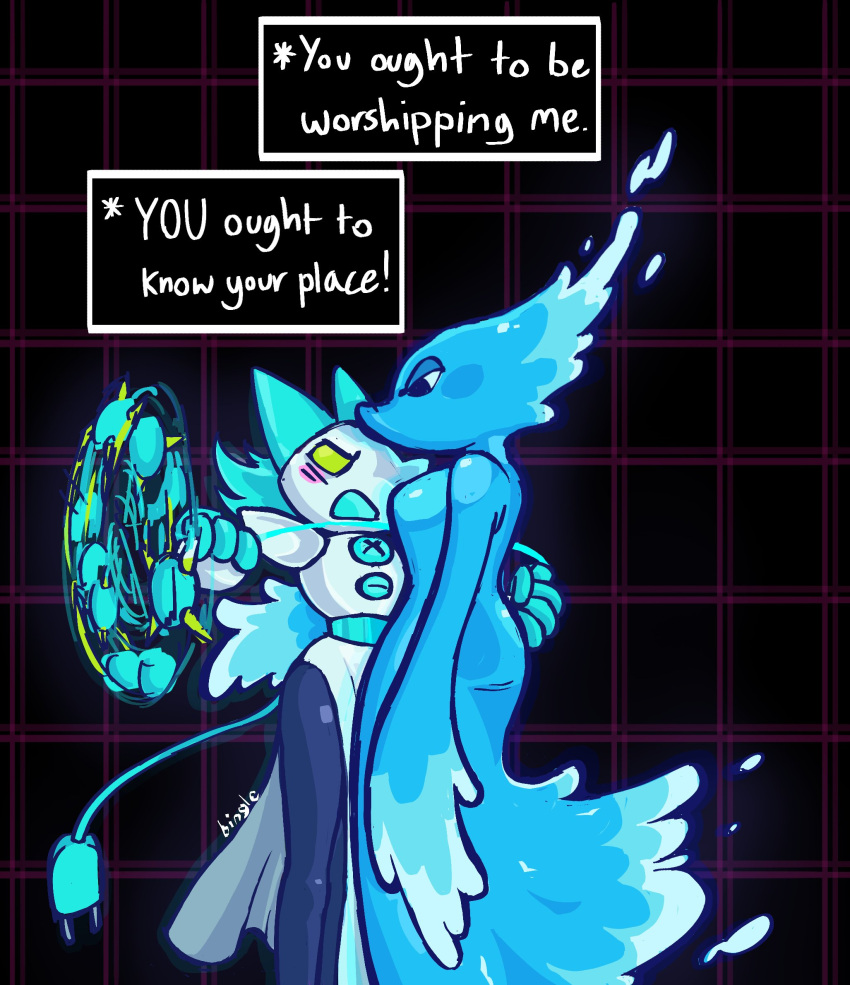 2girls, animal_ears, cable, cable_tail, cat_ears, cat_girl, clenched_hand, colored_sclera, commentary, deltarune, english_commentary, english_text, freaky_frohicky, furry, furry_female, green_sclera, half-closed_eyes, highres, holding, mechanical_tail, miss_mizzle, monster_girl, multiple_girls, slime_girl, spinning_weapon, tail, tasque_manager, water