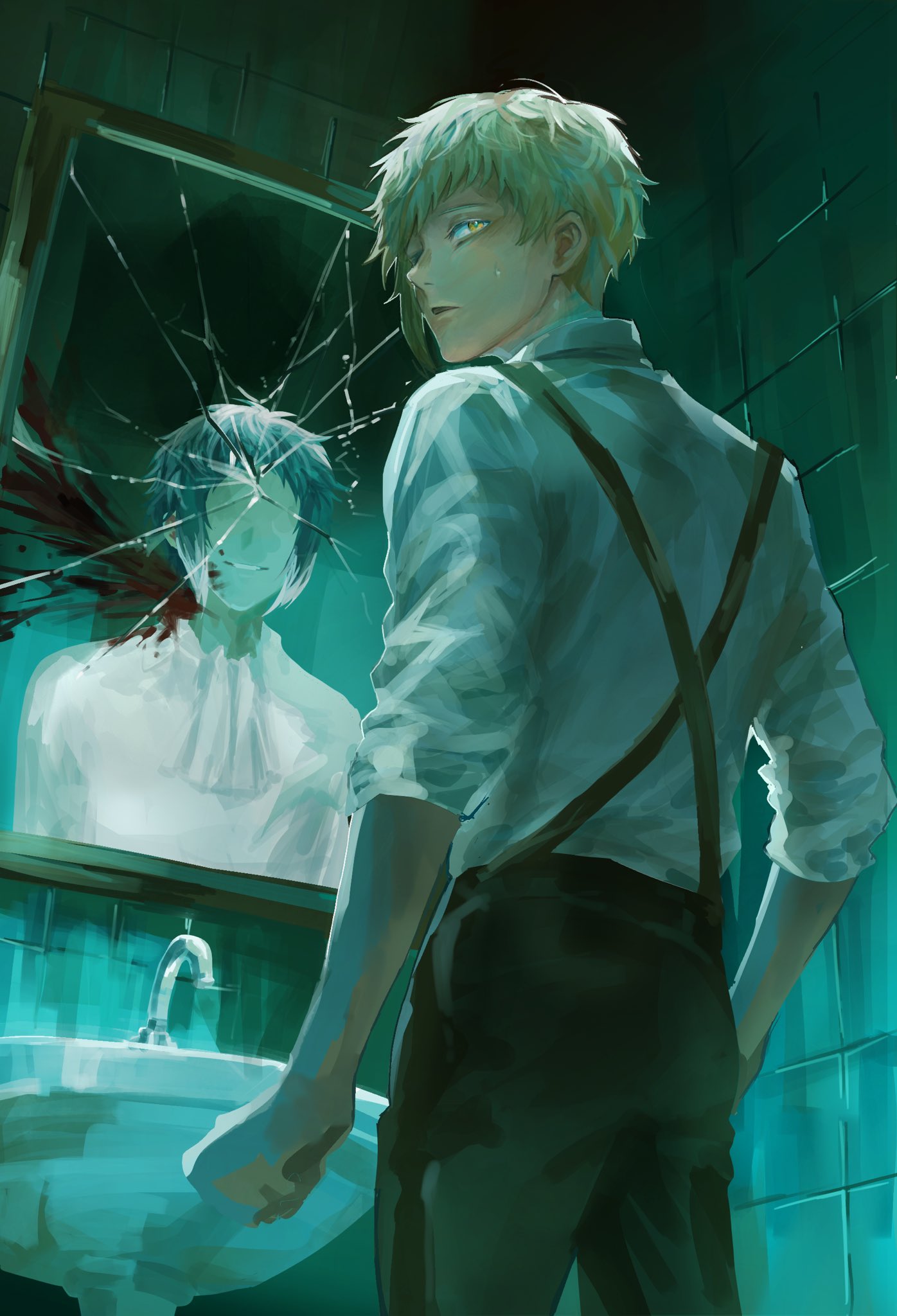 2boys, akutagawa_ryuunosuke_(bungou_stray_dogs), back, black_hair, black_pants, blood, blood_on_mirror, broken_mirror, bungou_stray_dogs, collared_shirt, faucet, from_below, highres, long_sleeves, looking_back, male_focus, mirror, multicolored_hair, multiple_boys, nakajima_atsushi_(bungou_stray_dogs), nikoeqo, no_eyes, open_mouth, pants, shirt, short_hair, sink, sleeves_rolled_up, standing, suspenders, teeth, two-tone_hair, white_hair, white_shirt, yellow_eyes