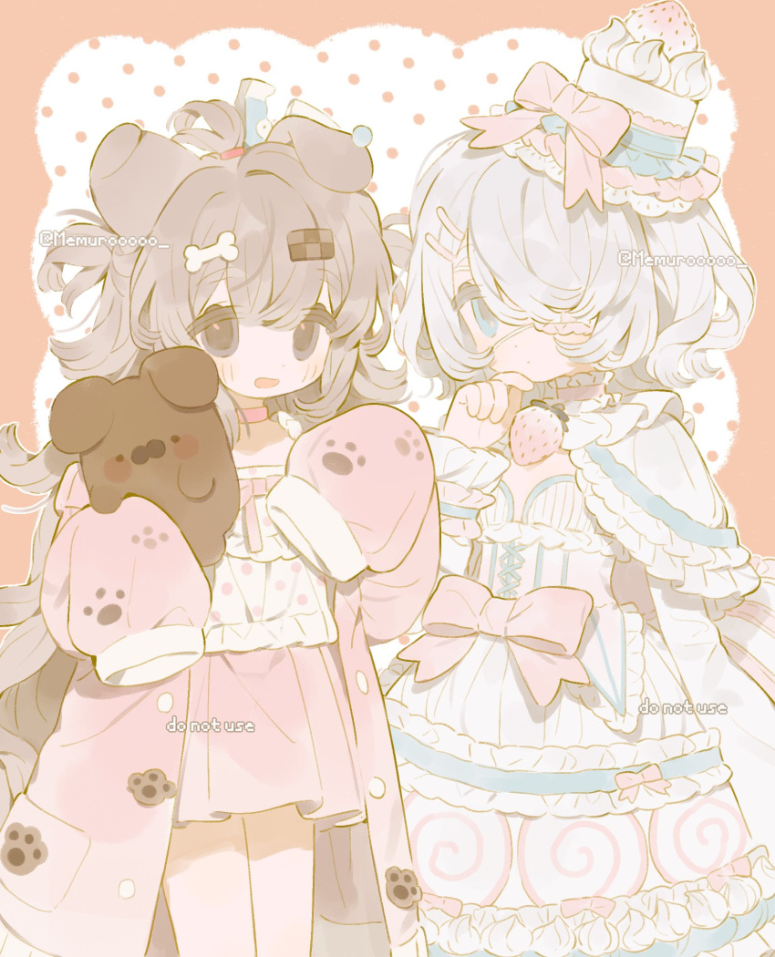 2girls, animal_ears, blue_eyes, bone_hair_ornament, bow, brown_eyes, brown_hair, dress, eyepatch, food, food-themed_hair_ornament, frills, fruit, hair_between_eyes, hair_bow, hair_ornament, hair_over_one_eye, hairclip, hat, highres, long_hair, long_sleeves, looking_at_viewer, memuro, multiple_girls, original, short_hair, sleeves_past_wrists, smile, strawberry, white_dress, white_hair