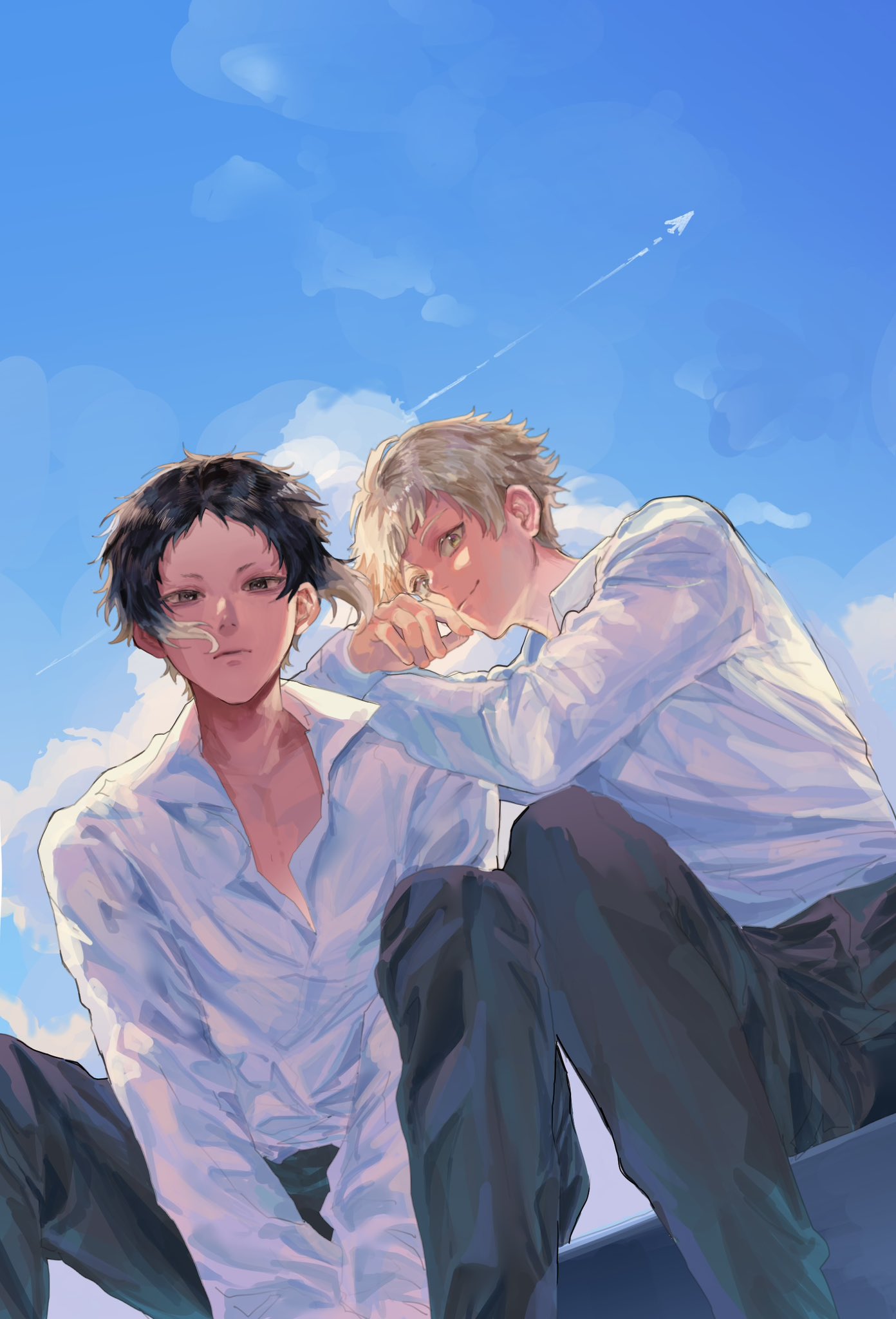 2boys, akutagawa_ryuunosuke_(bungou_stray_dogs), arm_on_another's_shoulder, black_eyes, black_hair, black_pants, blue_sky, bungou_stray_dogs