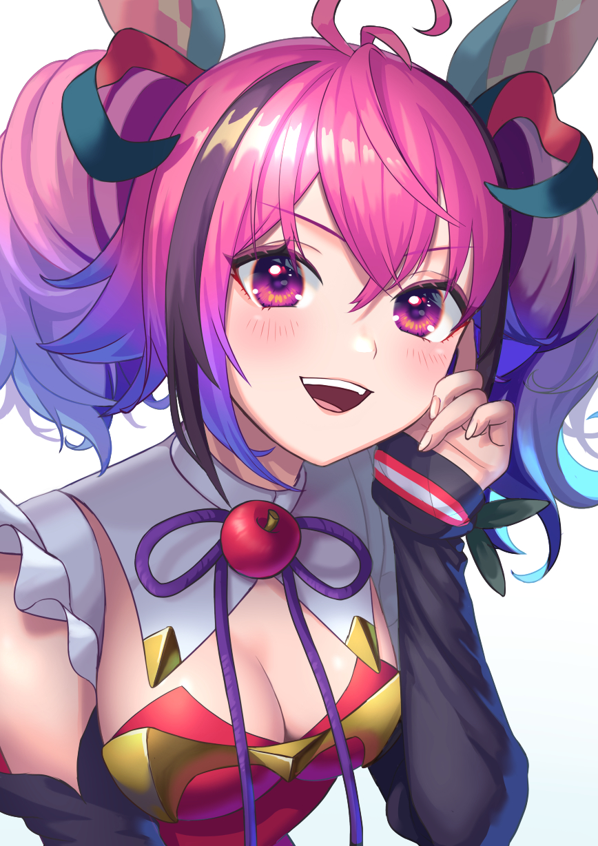 1girl, ahoge, blue_hair, blush, breasts, commentary_request, hair_ribbon, highres, imahuku, laplace_(monster_strike), medium_breasts, monster_strike, multicolored_hair, open_mouth, pink_eyes, pink_hair, ribbon, solo, twintails, two-tone_hair, upper_body