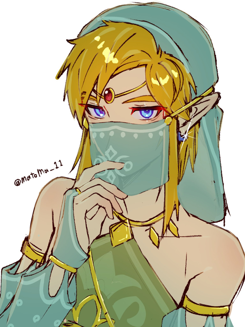 1boy, blonde_hair, blue_eyes, bridal_gauntlets, circlet, commentary_request, detached_sleeves, earrings
