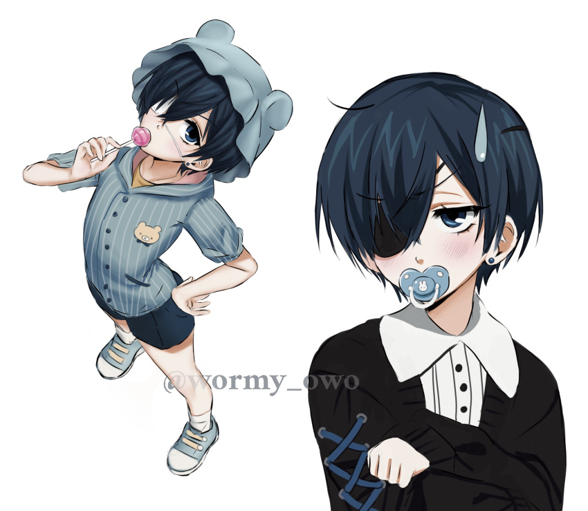 absurdres, adult_baby, blue_eyes, blue_hair, blush, candy, child, ciel_phantomhive