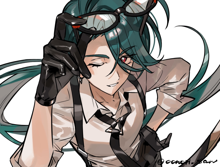 1girl, adjusting_eyewear, ahoge, androgynous, artist_name, asymmetrical_bangs, black_gloves, black_necktie