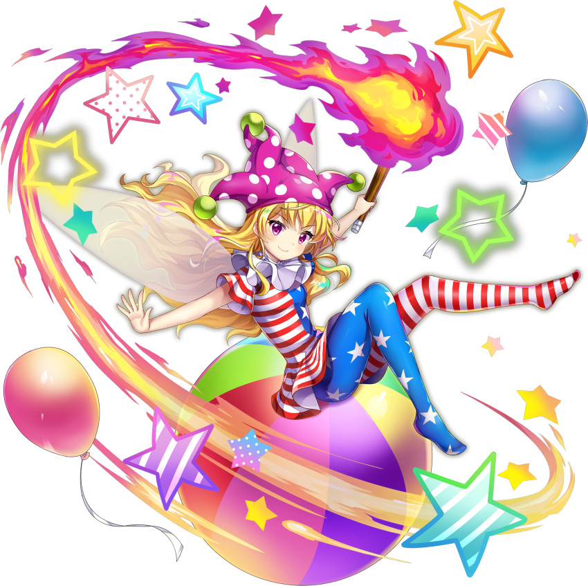 1girl, american_flag, american_flag_dress, american_flag_legwear, american_flag_print, asymmetrical_legwear, ball, balloon