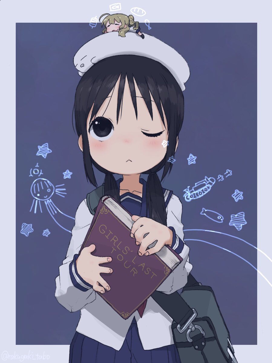 2girls, :<, alternate_costume, bag, black_eyes, black_hair, blue_sailor_collar, blue_skirt, blush, book, chibi, chibi_on_head, chito_(shoujo_shuumatsu_ryokou), commentary_request, creature_on_head, fish_(symbol), hair_over_shoulder, highres, holding, holding_book, long_hair, long_sleeves, looking_up, low_twintails, multiple_girls, nuko_(shoujo_shuumatsu_ryokou), on_head, pleated_skirt, purple_background, sailor_collar, school_uniform, serafuku, shirt, shoujo_shuumatsu_ryokou, shoulder_bag, simple_background, size_difference, skirt, star_(symbol), turbo_engine_(rakugaki_tabo), twintails, white_shirt, yuuri_(shoujo_shuumatsu_ryokou)