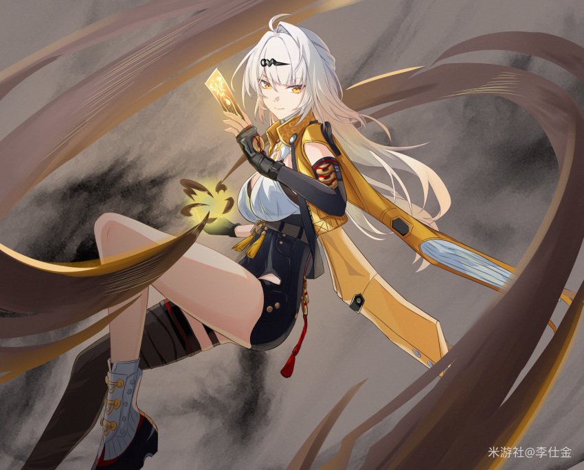 1girl, absurdres, ahoge, black_gloves, black_thighhighs, fingerless_gloves, gloves, hair_ornament