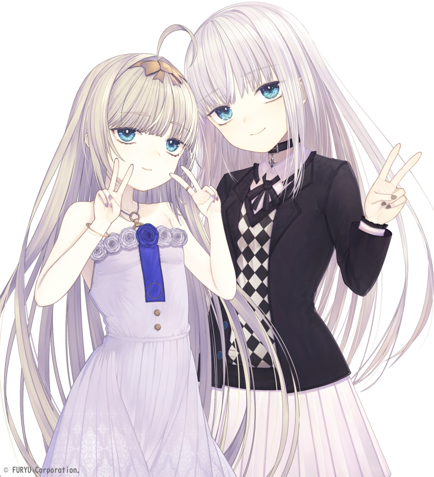 2girls, ahoge, armpit_crease, bare_shoulders, black_choker, black_jacket, black_nails, black_ribbon