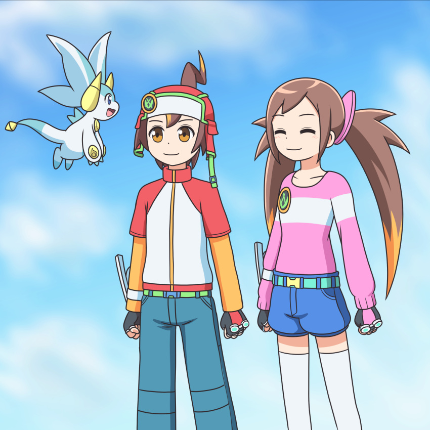 1boy, 1girl, :d, ^_^, ahoge, badge, beanie, belt