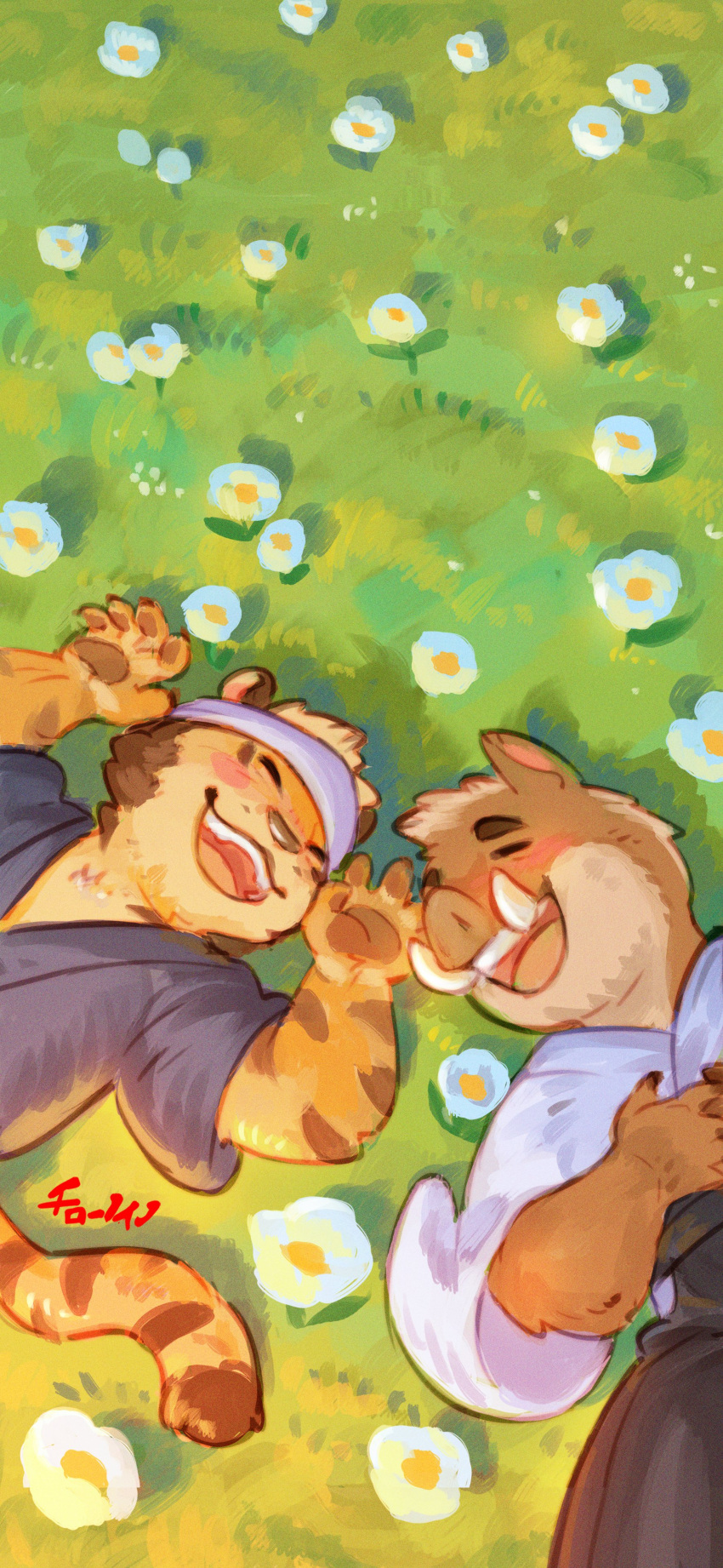 2boys, absurdres, blush, boar_boy, cilohnoino, closed_eyes, facing_another, field
