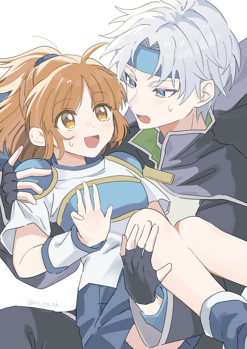 1boy, 1girl, ahoge, arle_nadja, armor, artist_name, black_cape, black_gloves, blue_eyes, blue_headband, blue_skirt, breastplate, brown_eyes, brown_hair, cape, carrying, commentary_request, eyes_visible_through_hair, fingerless_gloves, gloves, grey_hair, hand_up, headband, highres, long_sleeves, looking_at_another, medium_hair, open_mouth, parted_bangs, pleated_skirt, ponytail, princess_carry, puyopuyo, schezo_wegey, shihiro_(ro_ro_sh), shirt, short_hair, short_sleeves, shoulder_armor, simple_background, skirt, smile, sweat, twitter_username, white_background, white_shirt