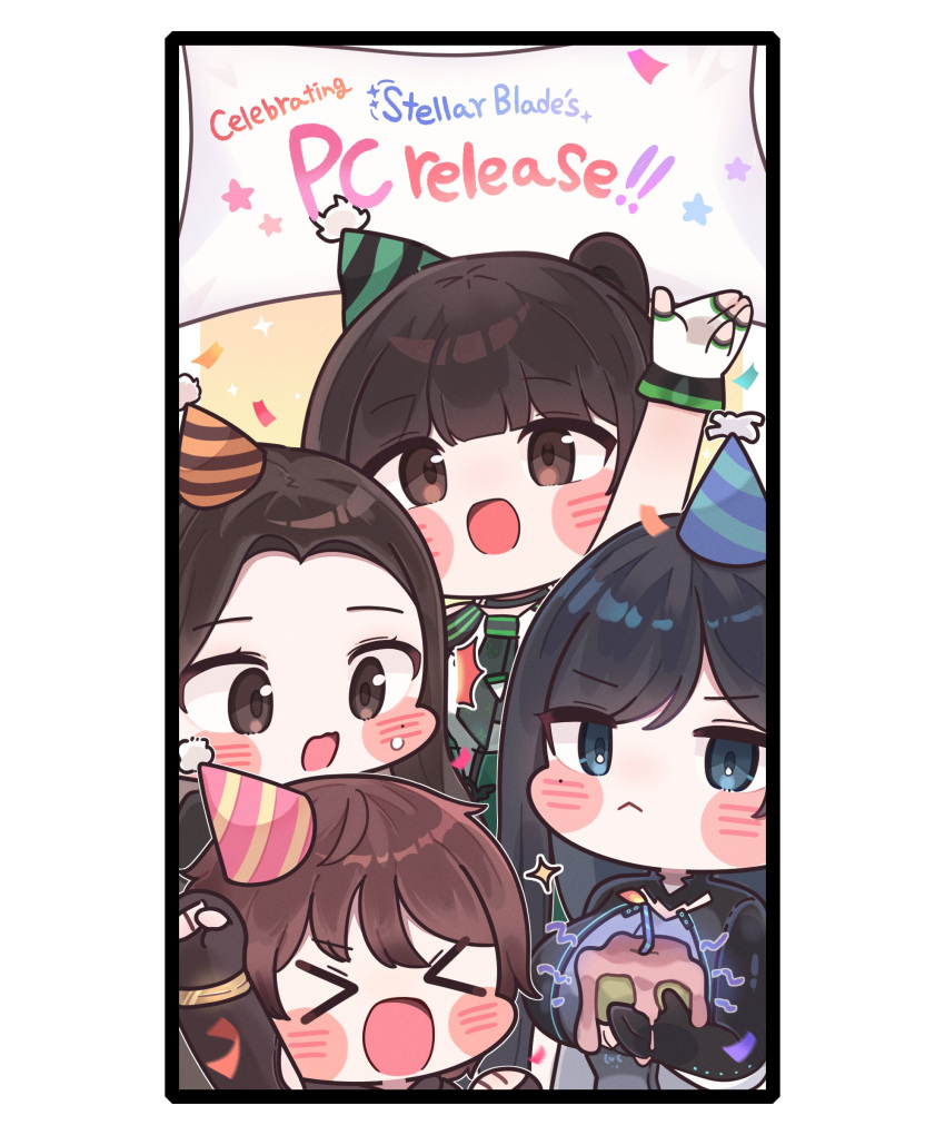4girls, absurdres, black_hair, blue_eyes, blush, brown_eyes, brown_hair, chibi