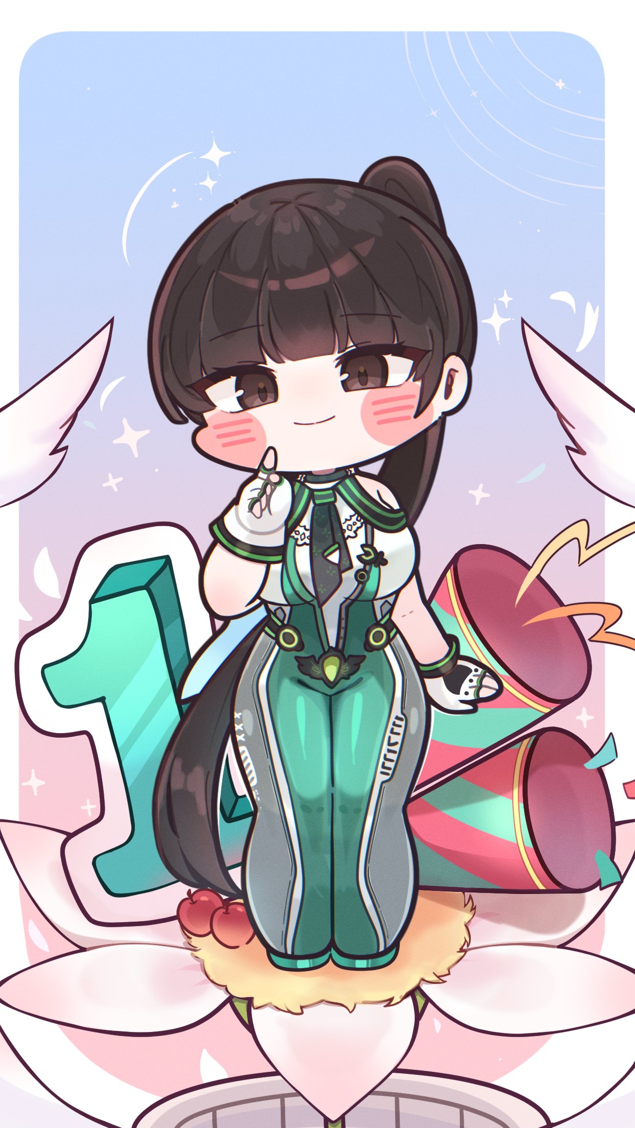 1girl, black_hair, bodysuit, countdown_illustration, deformed, eve_(stellar_blade), green_bodysuit, highres