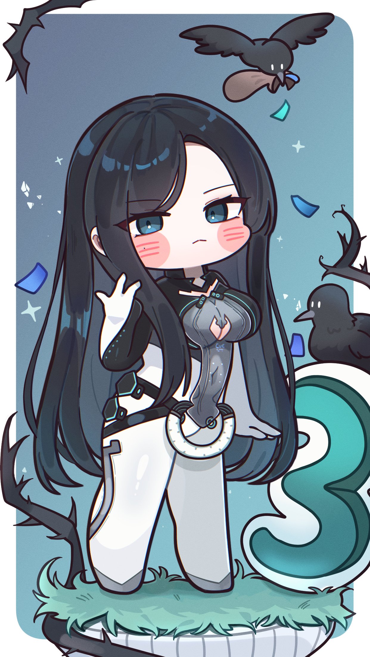 1girl, bird, black_hair, blue_eyes, bodysuit, cleavage_cutout, clothing_cutout, countdown_illustration
