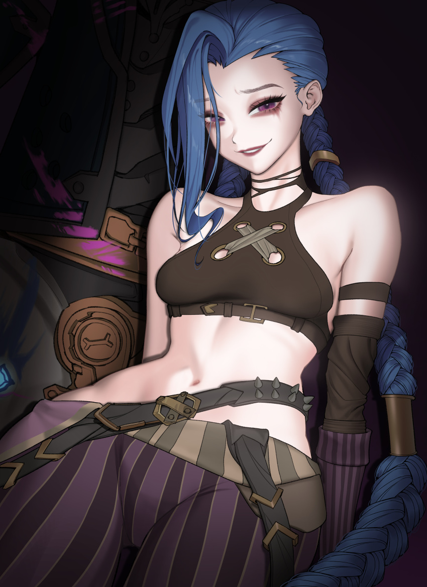 1girl, absurdres, bare_shoulders, blue_hair, braid, braided_ponytail, breasts, chloria77, crop_top, eyeshadow, fishbones_(jinx), gloves, highres, jinx_(league_of_legends), league_of_legends, looking_at_viewer, makeup, midriff, navel, pants, pink_eyes, small_breasts, smile, spiked_belt, striped_clothes, striped_pants, twin_braids, twintails