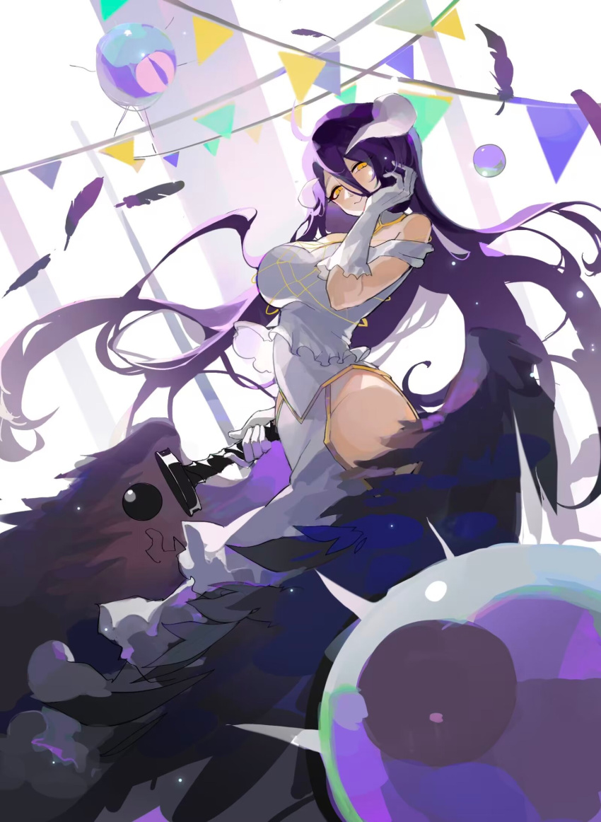 1girl, albedo_(overlord), black_hair, breasts, demon_girl, demon_horns, demon_wings, dress, ginnungagap_(overlord), highres, horns, large_breasts, long_hair, looking_at_viewer, luejin, overlord_(maruyama), solo, very_long_hair, white_dress, wings, yellow_eyes