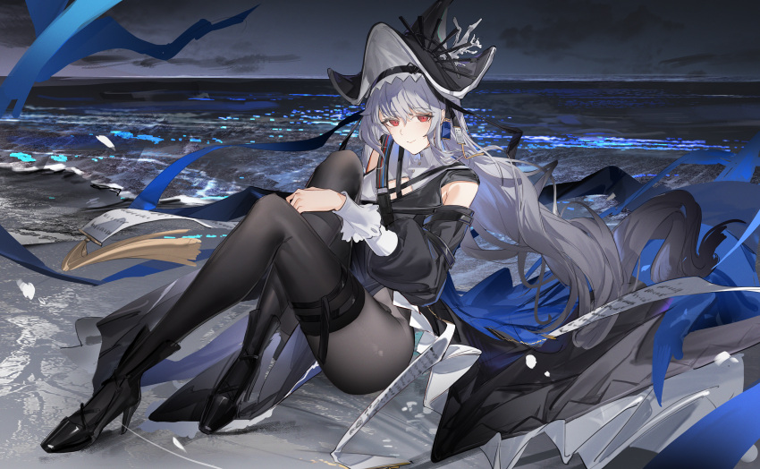 1girl, absurdres, amigasa, arknights, beach, black_dress, black_hat, black_pantyhose