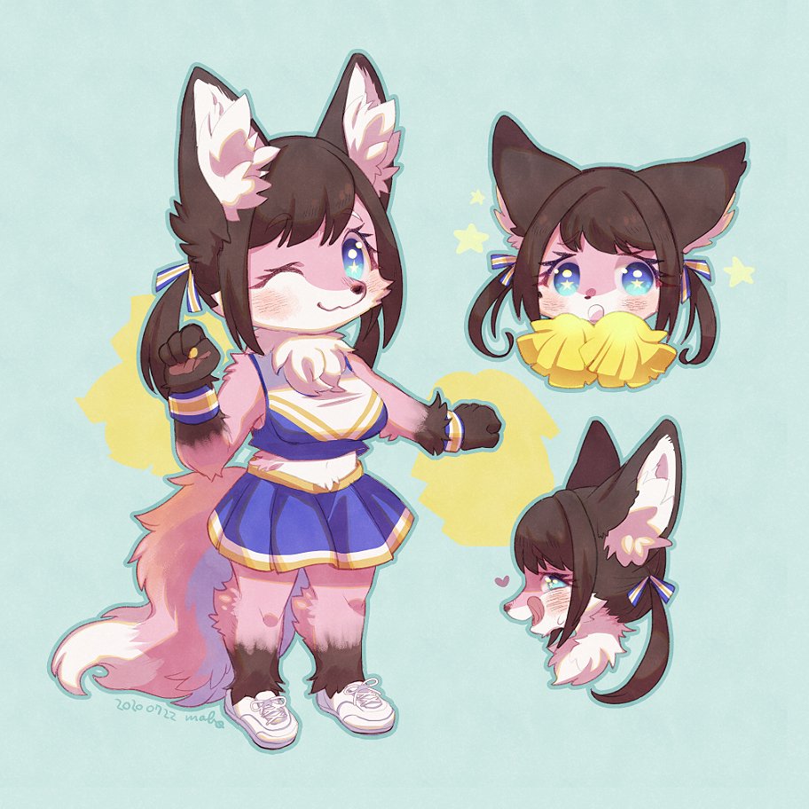 3girls, animal_ear_fluff, animal_ears, armlet, blue_eyes, breasts, brown_fur, cheerleader