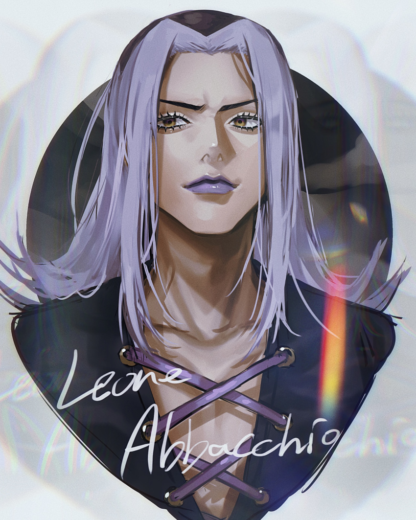 1boy, absurdres, black_shirt, brown_eyes, character_name, collarbone, eyelashes, grey_background