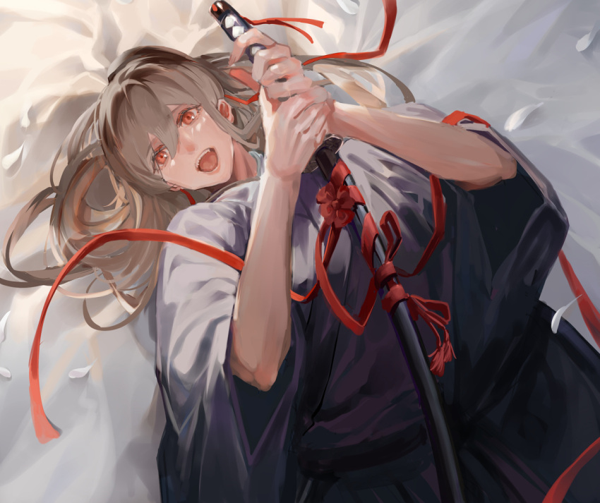 1girl, :d, brown_hair, commentary_request, hair_between_eyes, hakama, hands_up, holding