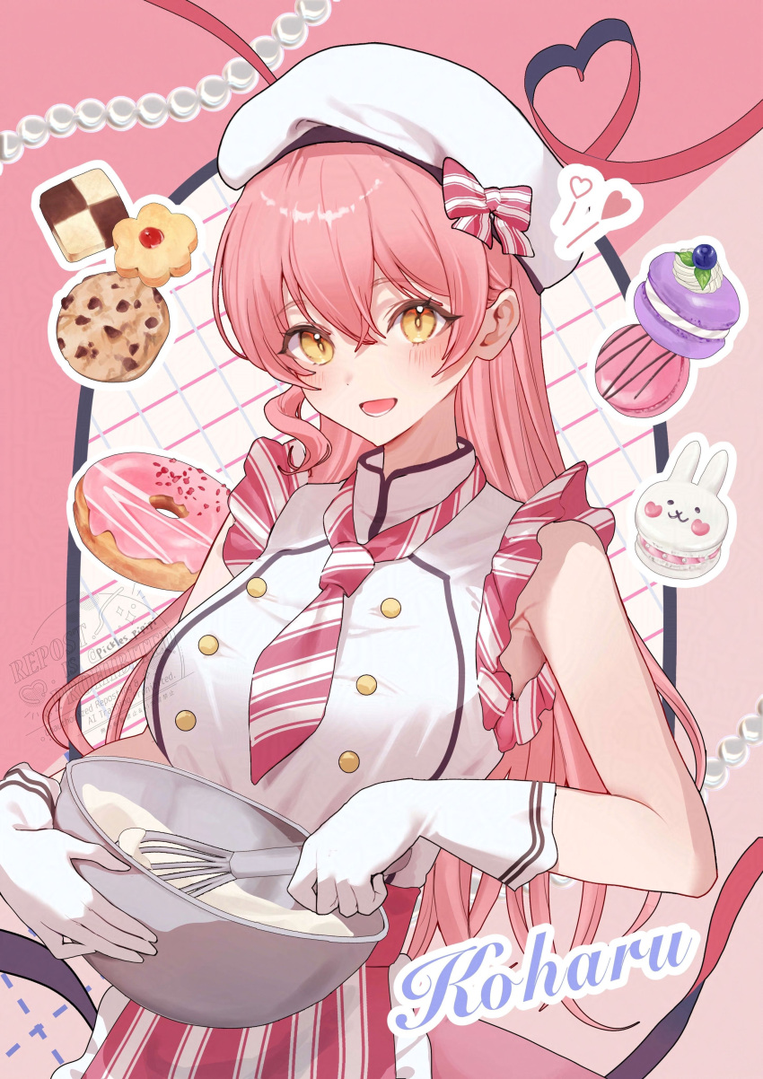 1girl, :d, absurdres, apron, bare_shoulders, blush, bowl, character_name