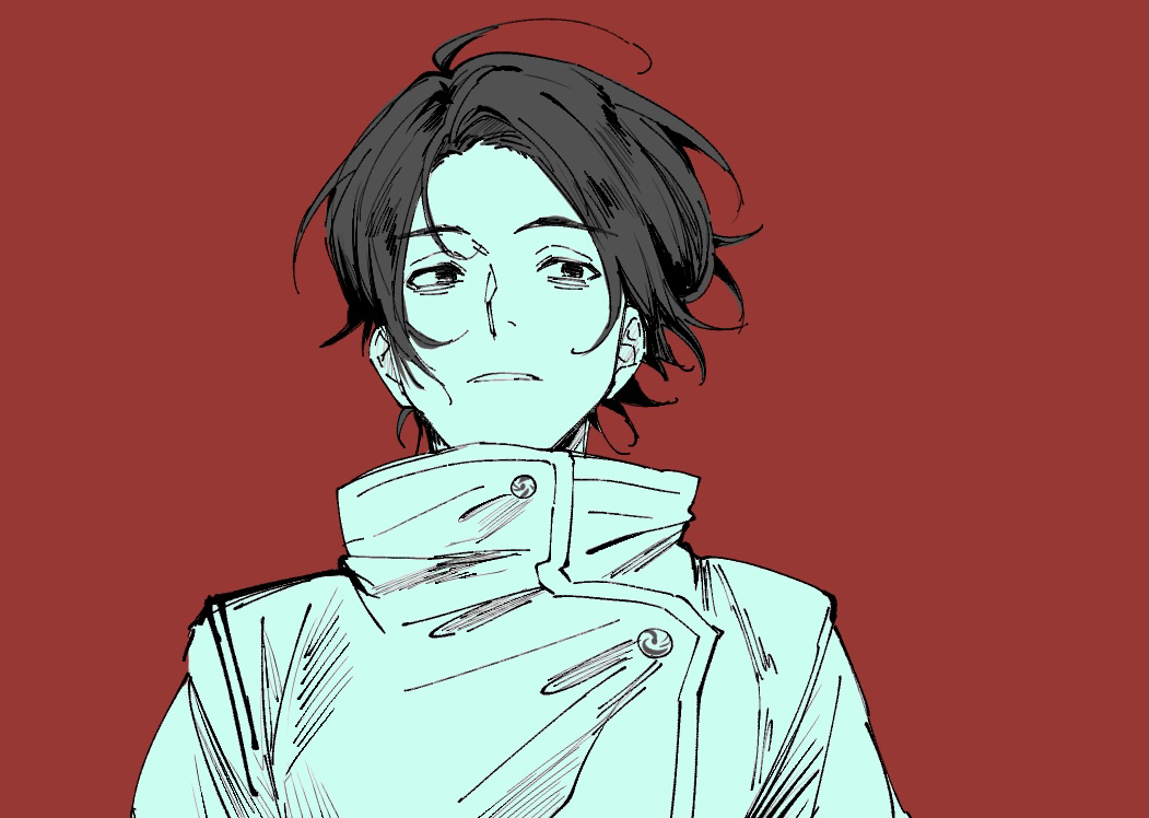 1boy, ahoge, bags_under_eyes, greyscale_with_colored_background, jacket, jujutsu_kaisen, kuropani_cos, long_sleeves