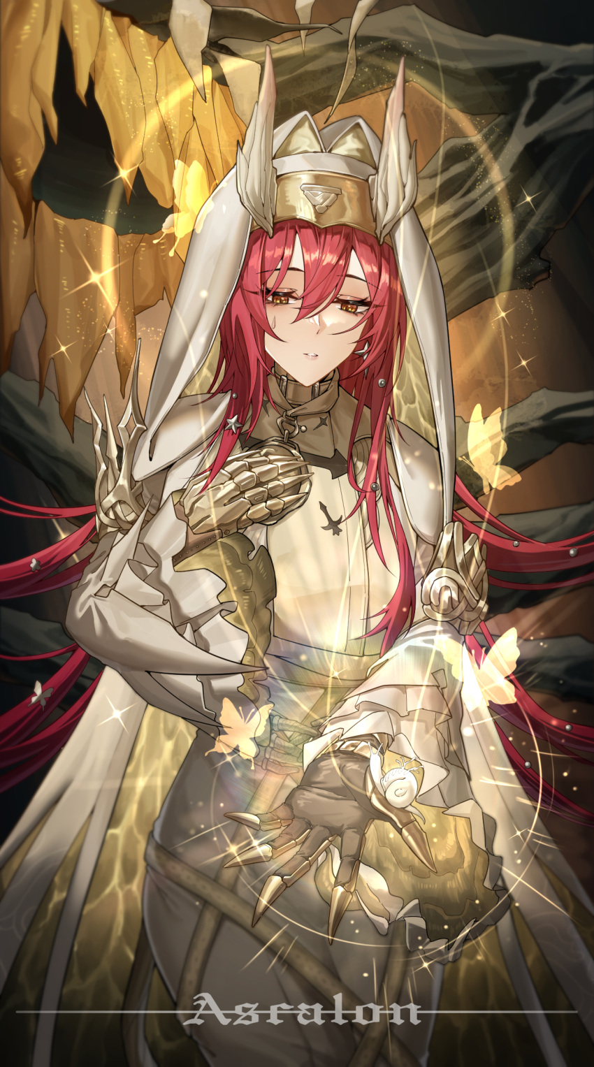 1girl, arknights, armored_gloves, ascalon_(arknights), ascalon_(phototaxis)_(arknights), breasts, bug, butterfly