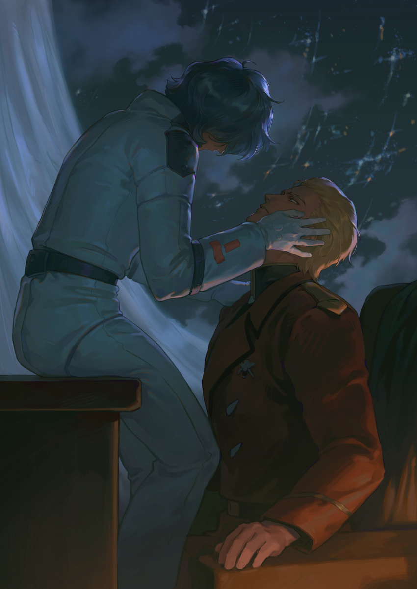 2boys, absurdres, aged_up, alternate_universe, blonde_hair, blue_hair, char's_counterattack, char_aznable, gundam, hebi86070749, highres, jacket, kamille_bidan, looking_up, mecha_pilot_suit, military_uniform, multiple_boys, normal_suit_(gundam), red_jacket, zeta_gundam