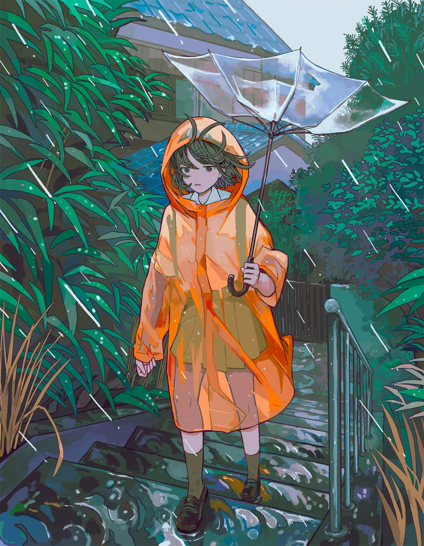 1girl, architecture, banister, black_eyes, black_hair, black_shoes, black_socks, commentary