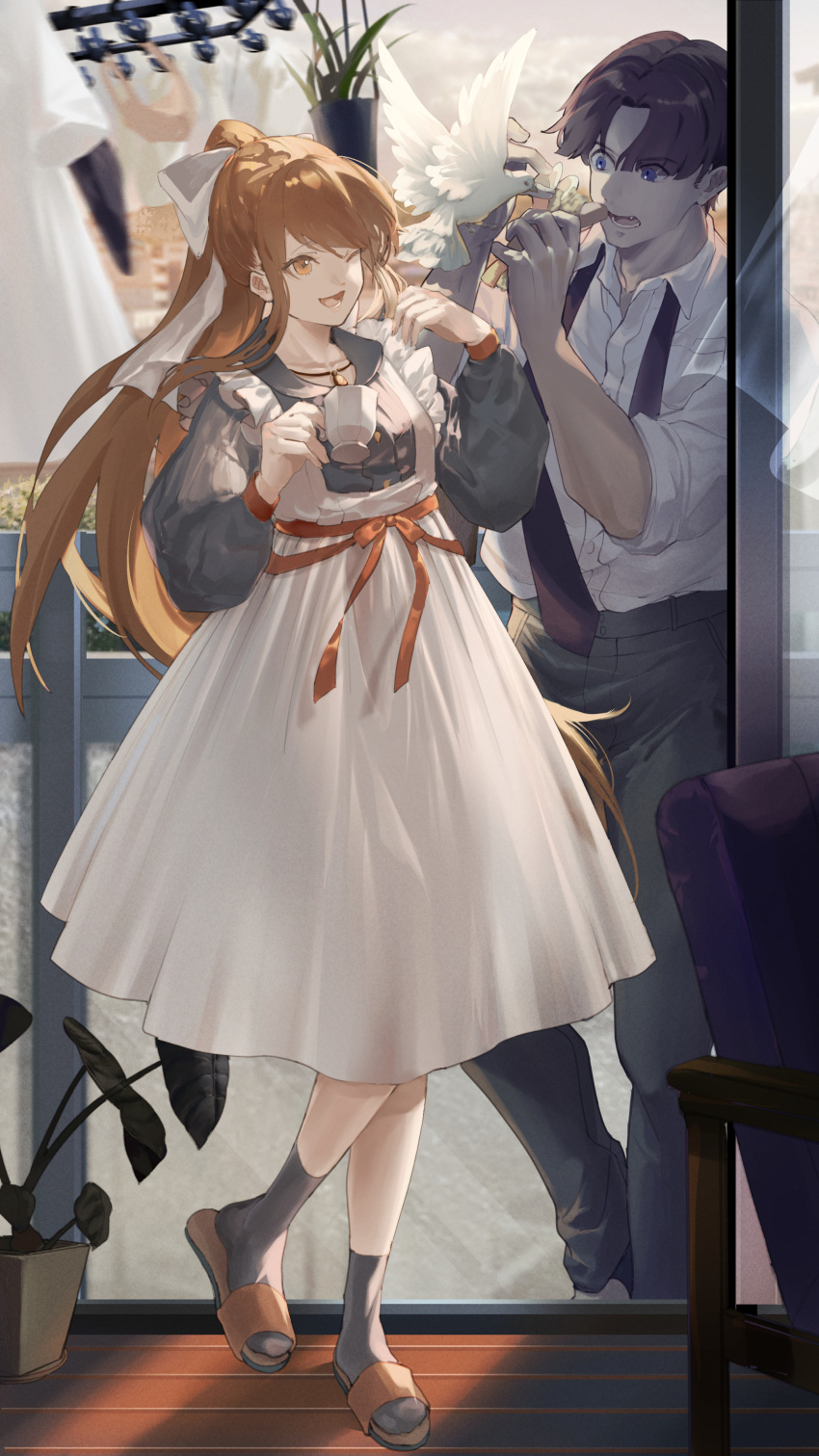 1boy, 1girl, :d, absurdres, ankle_socks, bird, black_necktie, blue_eyes