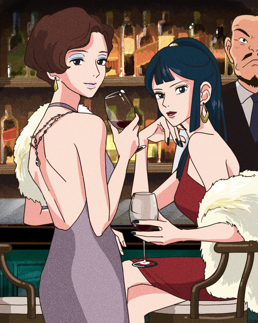 1boy, 2girls, backless_dress, backless_outfit, bald, bartender, black_nails, blue_eyeshadow