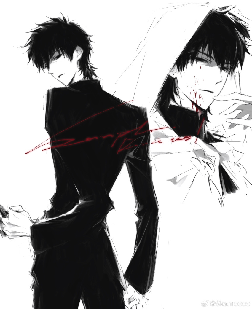 1boy, absurdres, artist_name, between_fingers, black_keys_(type-moon), blood, blood_on_face, cloak