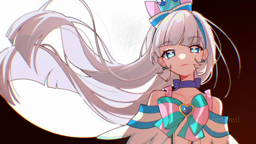 1girl, blue_choker, blue_crown, blue_eyes, blunt_bangs, blunt_ends, brooch, cenemii, choker, crown, cure_nyammy, dress, full_moon, heart, heart_brooch, highres, jewelry, long_hair, looking_at_viewer, mini_crown, moon, off_shoulder, precure, serious, white_dress, white_hair, wonderful_precure!