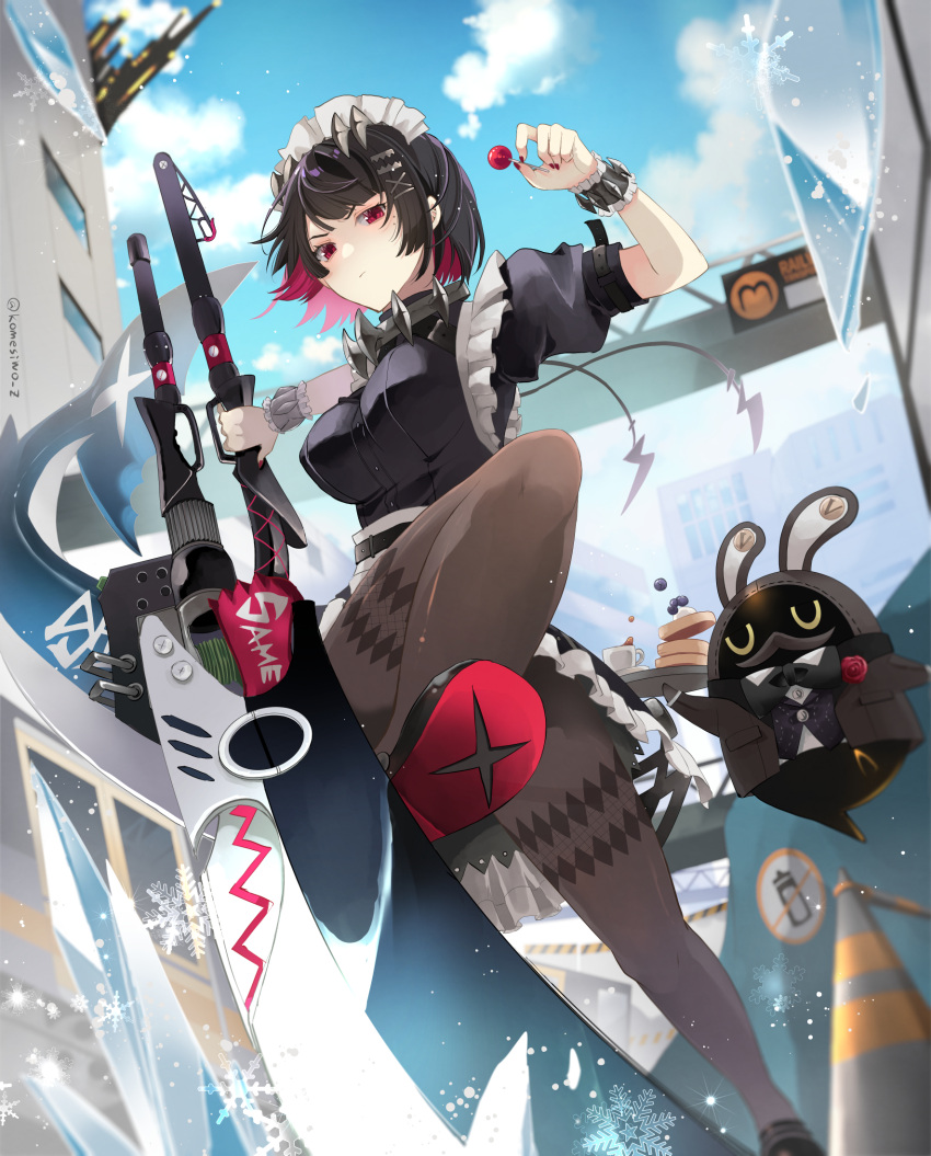 1girl, bangboo_(zenless_zone_zero), black_dress, black_hair, black_pantyhose, blue_sky, candy, colored_inner_hair, dress, ellen_joe, fins, fish_tail, food, hairband, highres, holding, holding_candy, holding_food, holding_lollipop, holding_scythe, komesiwo_syumi, lollipop, maid, maid_headdress, metal_hairband, mole, mole_under_eye, multicolored_hair, outdoors, pantyhose, razor_blade_hair_ornament, red_eyes, red_nails, scar, scar_on_tail, scythe, shark_girl, shark_tail, short_hair, sky, spiked_headband, tail, zenless_zone_zero