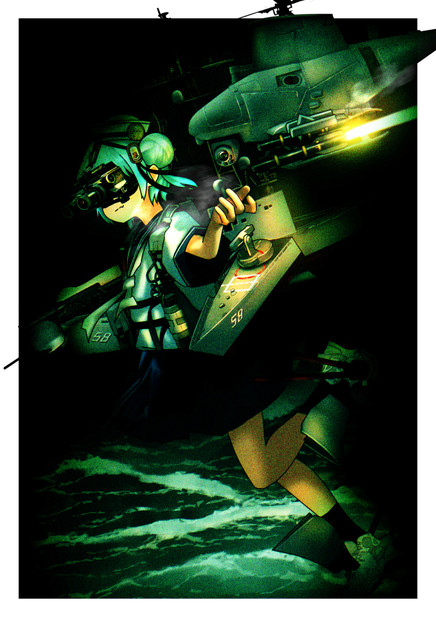 1girl, adapted_turret, agm-114_hellfire, arm_up, blue_hair, blue_sailor_collar, blue_skirt, closed_mouth