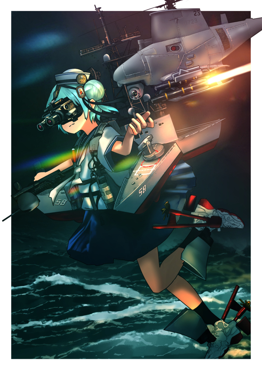 1girl, adapted_turret, agm-114_hellfire, arm_up, blue_hair, blue_sailor_collar, blue_skirt, closed_mouth