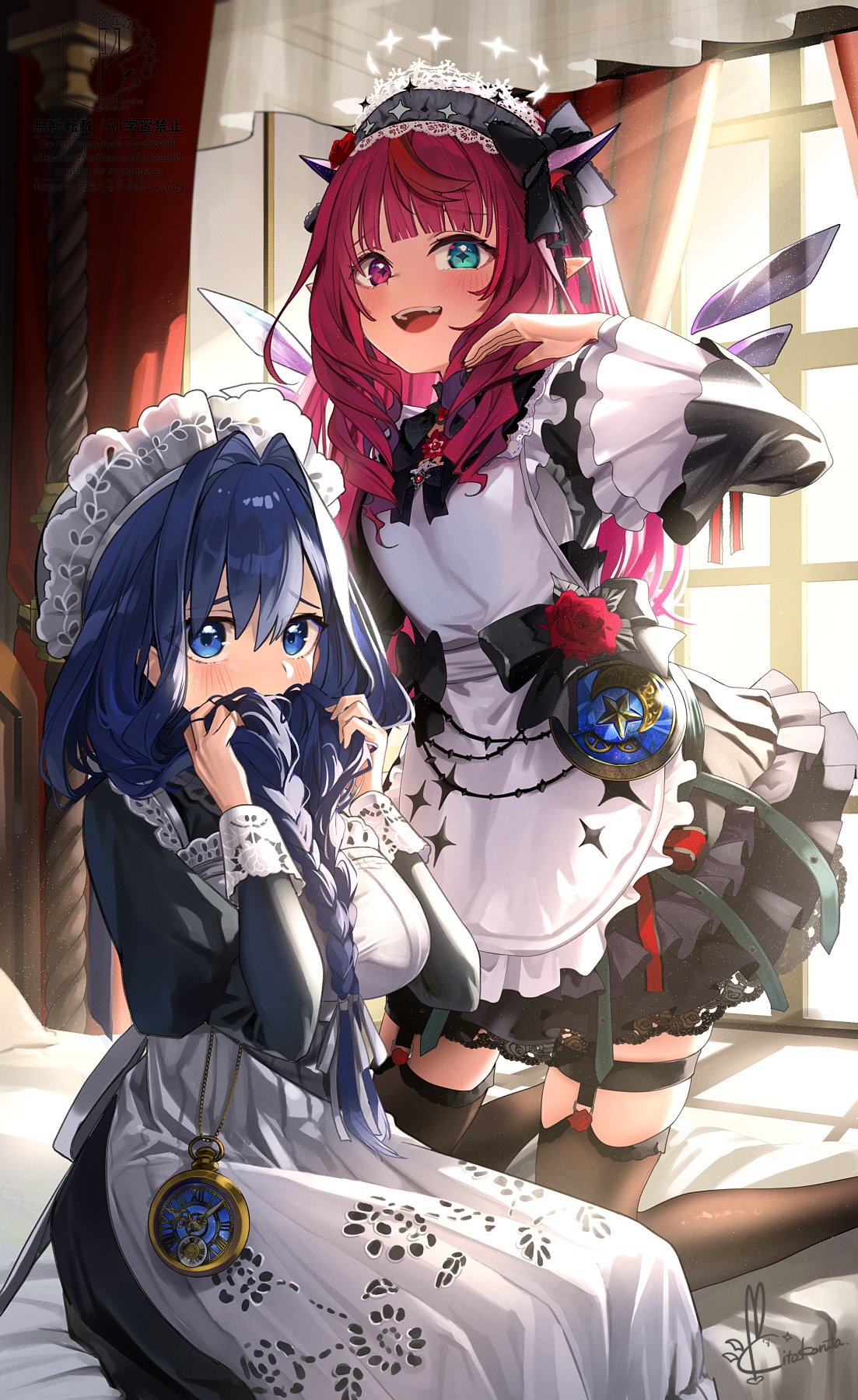 2girls, apron, bedroom, black_dress, black_ribbon, black_thighhighs, blue_hair, blunt_bangs